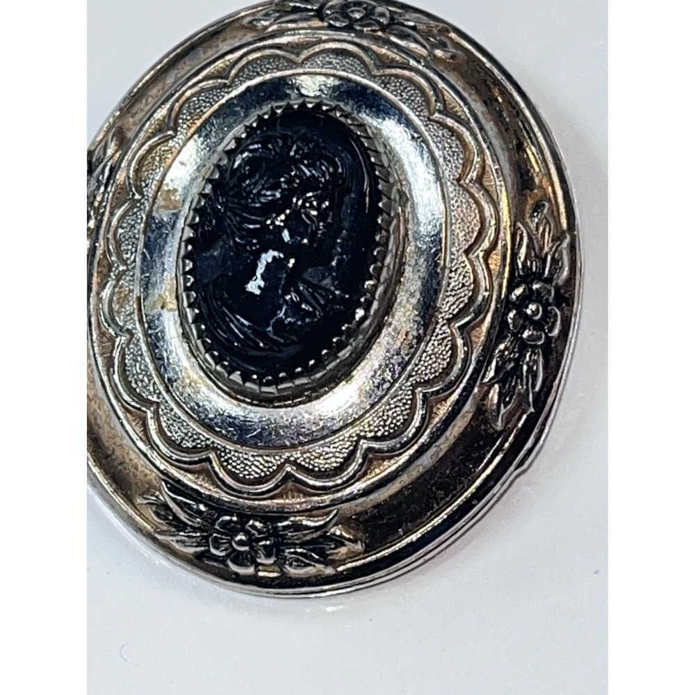Vintage Coro Cameo Silver Tone Black Carved Glass Signed Brooch Pin
